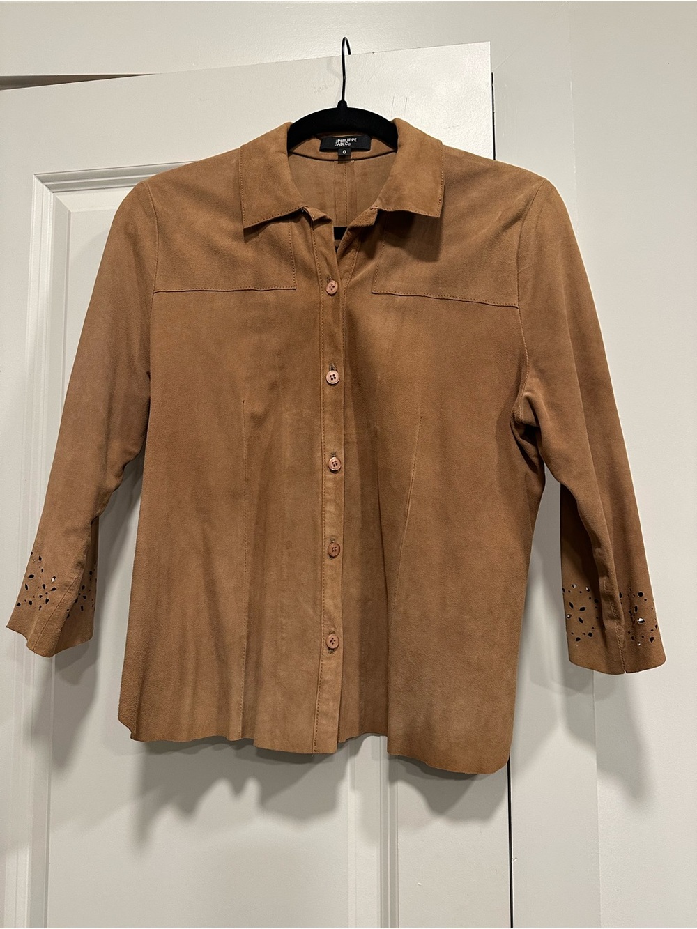 PHILIPPE ADEC 100% Suede Leather Button Front Shirt Jacket Camel Brown Size 8